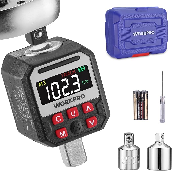 WORKPRO 1/2" Drive Digital Torque Adapter, 7.38-147.5 ft-lb (10-200 Nm), Electronic Torque Wrench Adapter with Buzzer Alert, 1/4" & 3/8" Adapters, Batteries & Case Included