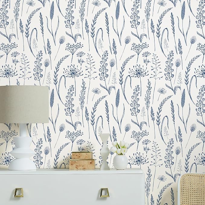 JiffDiff Peel and Stick Wallpaper Farmhouse Vintage Floral Contact Paper Wheat Meadow Removable Self Adhesive Wallpaper Blue and White (14.2 sq.ft)