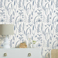 JiffDiff Peel and Stick Wallpaper Farmhouse Vintage Floral Contact Paper Wheat Meadow Removable Self Adhesive Wallpaper Blue and White (14.2 sq.ft)
