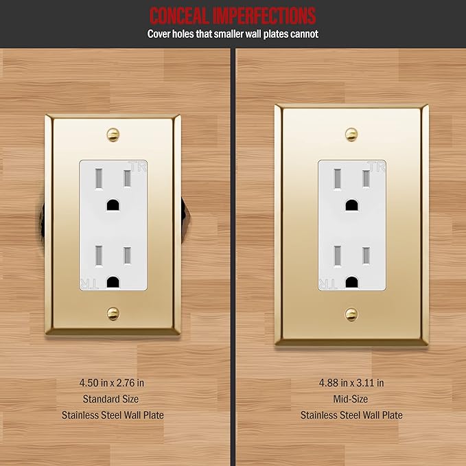 ENERLITES Decorator Switch or Receptacle Metal Wall Plate, Stainless Steel Outlet Cover, Corrosion Resistant, Mid-Size 1-Gang 4.88" x 3.11", Stainless Steel 201, 7731M-PB, Polished Brass