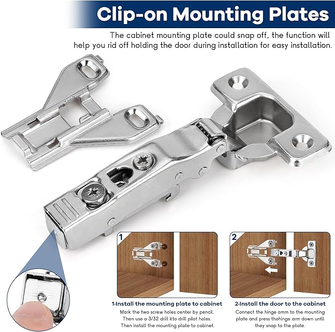 30 Pack 1/2'' Overlay Face Frame Soft Close Hidden Cabinet Hinges, 105 Degree 3D Adjustable Clip On Plate Concealed Kitchen Cupboard Door Hinges with Screws