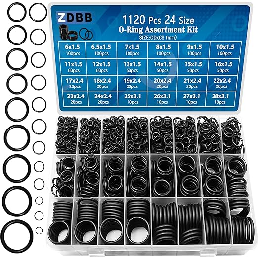 ZDBB 24 Size Rubber O Ring Set,1120 Pcs Black Small O Rings Assortment Kits,Assorted Metric Sealing Washer for Auto Plumbing Faucet Water Air or Gas Repair