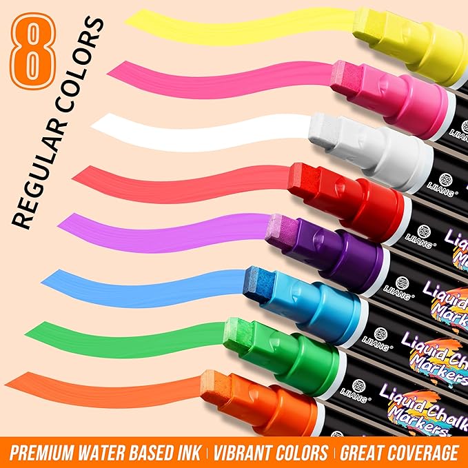 IJIANG Chalk Markers Neon 8 Colors, Jumbo Liquid Chalk Markers with 10mm 3-in-1 Tips Perfect for Blackboard Whiteboard Chalkboard and Window Cars Glass Mirror, Dry & Wet Erase Pens