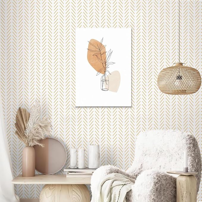 Erfoni Yellow White Peel and Stick Wallpaper Modern Herringbone Wallpaper | 17.7in x 118.1in Geometric Removable Contact Paper Bathroom Peel and Stick Self Adhesive Cabinets Wallpaper Waterproof