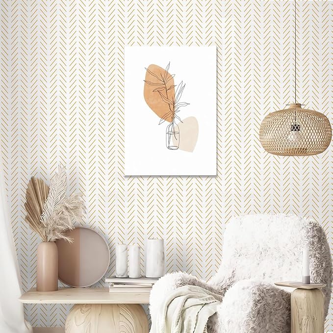 Erfoni Yellow White Peel and Stick Wallpaper Modern Herringbone Wallpaper | 17.7in x 393.7in Geometric Removable Contact Paper Bathroom Peel and Stick Self Adhesive Cabinets Wallpaper Waterproof