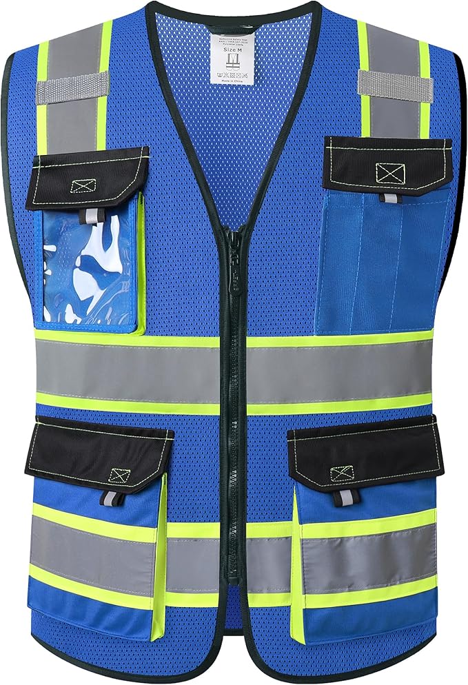 JKSafety Hi Vis Reflective Safety Vests for Men Women High Visibility Vest with Pockets Mesh Fabric Construction Safety Apparel Neon Vest for Work (220-Blue 3XL)