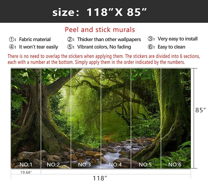 YIHWM-Peel and Stick Green Forest Wallpaper Landscapes Woodland Tree Mural | Tear-resistant,with a substantial feel;Will not be damaged during repositioning.Bathroom,Bedroom wallpaper.M-118"x85"