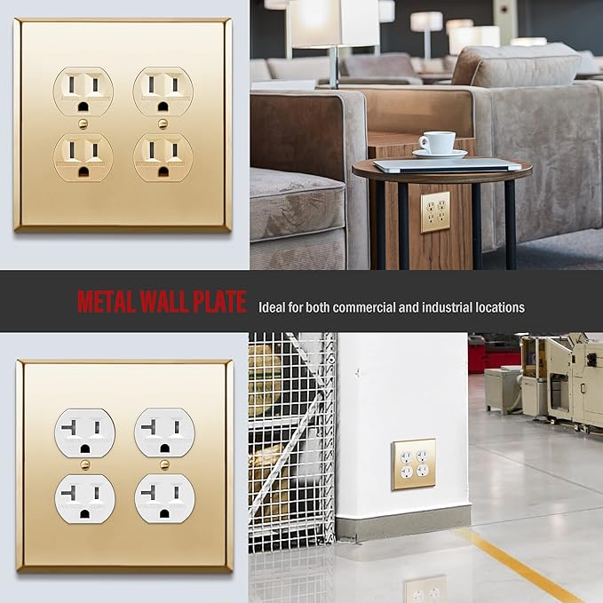 ENERLITES Dual Duplex Receptacle Metal Wall Plate, Stainless Steel Outlet Cover, Corrosion Resistant, Mid-Size 2-Gang 4.88" x 4.92", Stainless Steel 201, 7722M-PB, Polished Brass