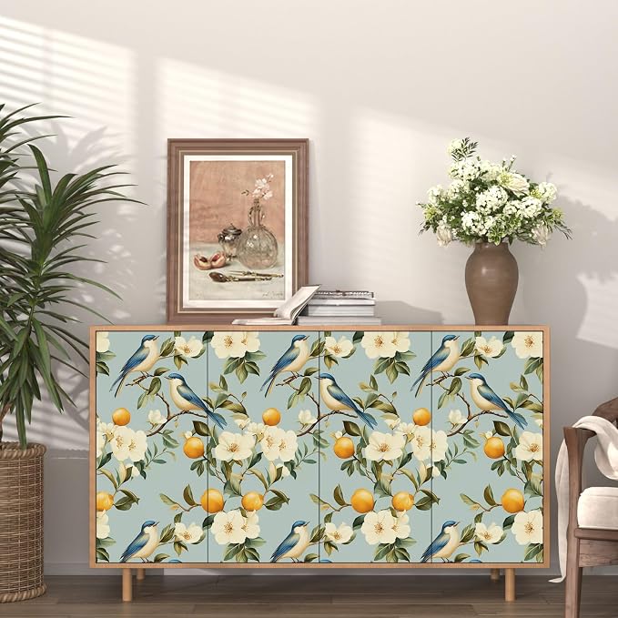 Laatse Birds Wallpaper Peel and Stick, Blue Vintage Floral Fruits Contact Paper 17.5" x 393", Botanical Wall Paper Self Adhesive Removable Waterproof for Bathroom Bedroom Shelf Cabinet Drawer Table