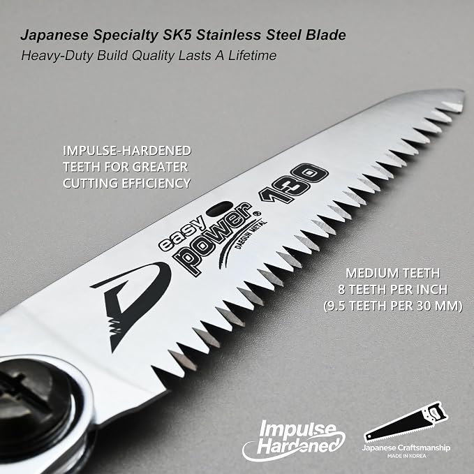 TONMA Folding Saw [Made in Korea] 5 "(130mm) Medium Teeth Small Pocket Pruning Hand Saw for Wood Cutting, Outdoor Camping, Gardening, Japanese Craft Plating Impulse Hardened Stainless Blade