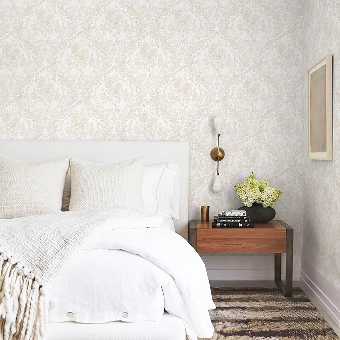 Ismoon Floral Peel and Stick Wallpaper Vintage Beige Contact Paper Boho Watercolor Damask Wall Paper Textured Removable Self Adhesive Vinyl Wallpaper for Cabinet Bedroom Wall Decor, 17.3x590in