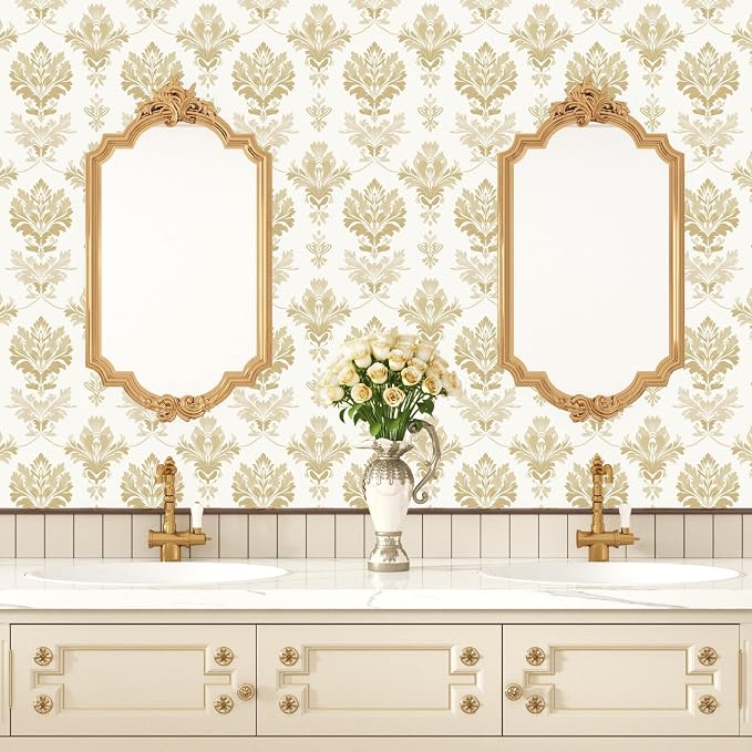 Light Symmetry Floral Peel and Stick Wallpaper 17.5" x 118",Beige | Self Adhesive/Removable/Waterproof/Thick Vinyl Contact Paper for Bathroom Bedroom Shelf Cabinet Drawer,Prepasted,Easy Peel