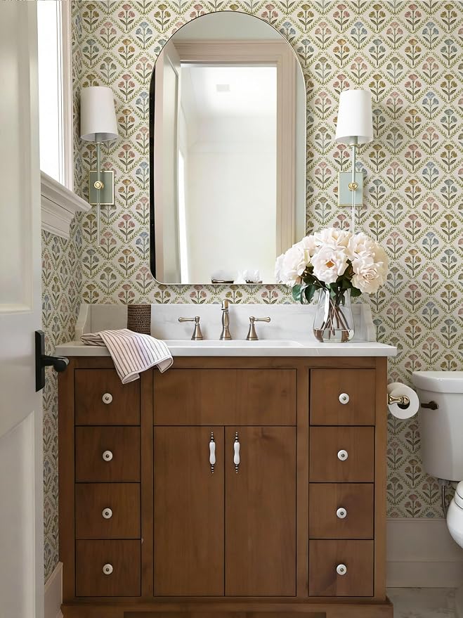Dimoon Vintage Peel and Stick Wallpaper Retro Botanical Contact Paper Farmhouse Wallpaper Cottage Renter Friendly Removable Geometric Wall Paper for Bathroom Kitchen Textured Vinyl 17.3''x197''