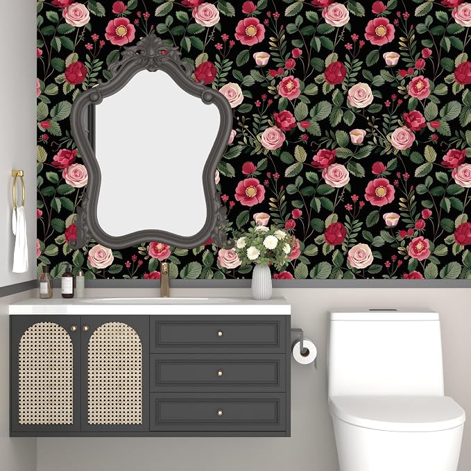 Vintage Pink Floral Peel and Stick Wallpaper 17.5" × 118" | Self Adhesive/Removable/Waterproof/Thick Vinyl Contact Paper for Bathroom Bedroom Shelf Cabinet Drawer,Prepasted,Easy Peel
