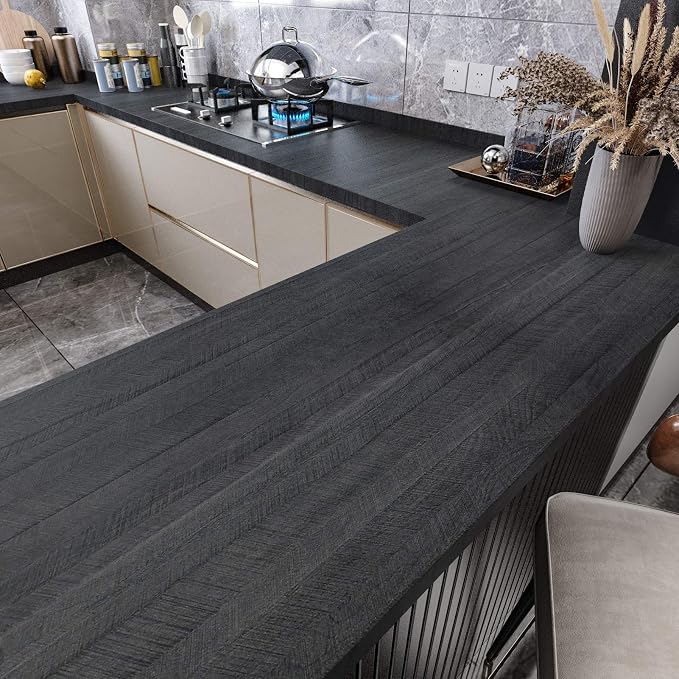 WESTICK Black Wood Countertop Contact Paper Self Adhesive Kitchen Wood Contact Paper for Countertops Waterproof Wooden Wallpaper Peel and Stick Wooded Vinyl Wrap for Cabinet Furniture Table 15.8"x196"