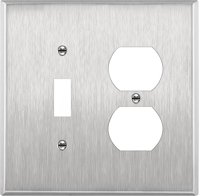ENERLITES Combination Toggle Light Switch and Duplex Receptacle Outlet Metal Midway Wall Plate, Corrosion Resistant, 2-Gang 4.88" x 4.92", 771121M, 430, UL Listed, Silver, Stainless Steel Mid Size