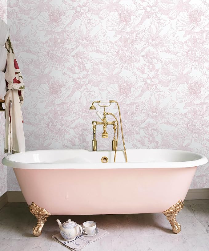 Ismoon Large Floral Peel and Stick Wallpaper Boho White/Pink Contact Paper 17.3inx6.5ft Removable Self Adhesive Bedroom Cabinet Mural Wall Decor Vinyl Roll