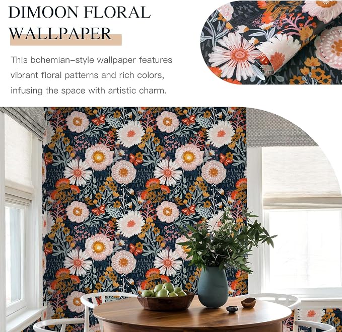 Dimoon 394"x17.3" Pink Orange Vibrant Floral Contact Paper Peel and Stick Wallpaper Boho Contact Paper Wallpaper