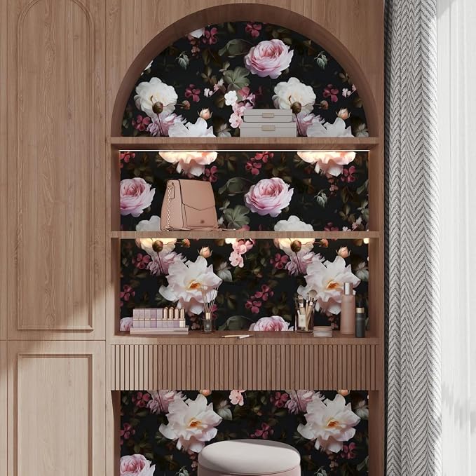 Fvlow Glowing Pink Floral Peel and Stick Wallpaper 17.4" x 394" | Renter Friendly, Removable & Waterproof, Vinyl Easy Install for Bedrooms, Bathrooms, Kitchens, Cabinets and Home Decor