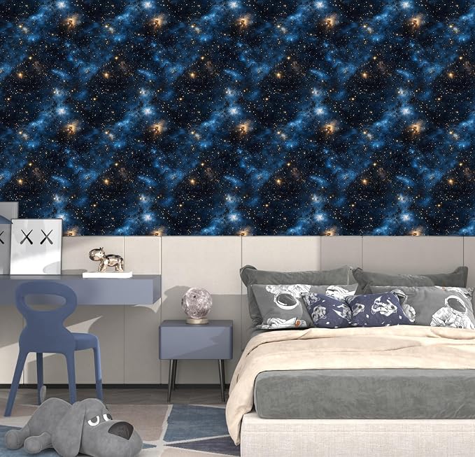 Dark Starry Sky Wallpaper Peel and Stick 17.5"x 787",Black/Blue | Self Adhesive/Removable/Waterproof/Thick Vinyl Extra Long Contact Paper for Bathroom Bedroom Shelf Cabinet Drawer,Prepasted