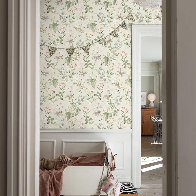 Simon&Siff Vintage Floral Peel and Stick Wallpaper 17.3" x 800" | Beige Botanical Contact Paper, Self Adhesive Removable Waterproof Wall Paper, Renter Friendly, Bedroom Cabinets DIY Decor
