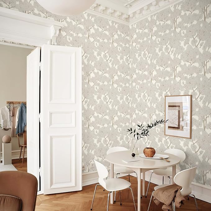 JiffDiff Tree Wallpaper Peel and Stick Jungle Wall Paper Forest Mural Stick on Wallpaper Modern Waterproof Self Adhesive Contact Paper (17.3" x 1200" Cream)