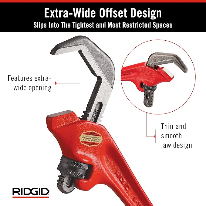 RIDGID 31305 Model E-110 9.5" Offset Hex Jaw Pipe Wrench, Red, Made in The USA