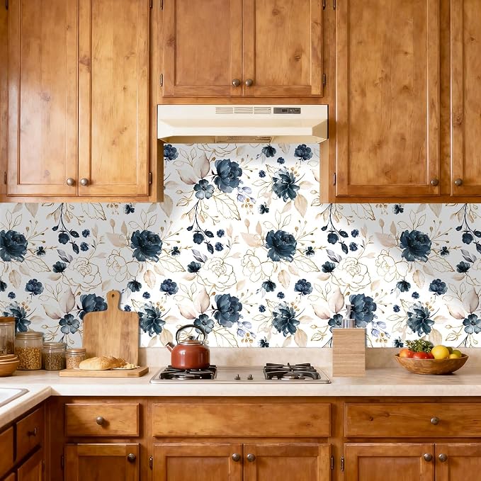 Navy Blue Floral Peel and Stick Wallpaper 17.7"x78.8" | Removable thick vinyl, watercolor botanical design, laundry room, bedroom, bathroom, renter friendly accent walls