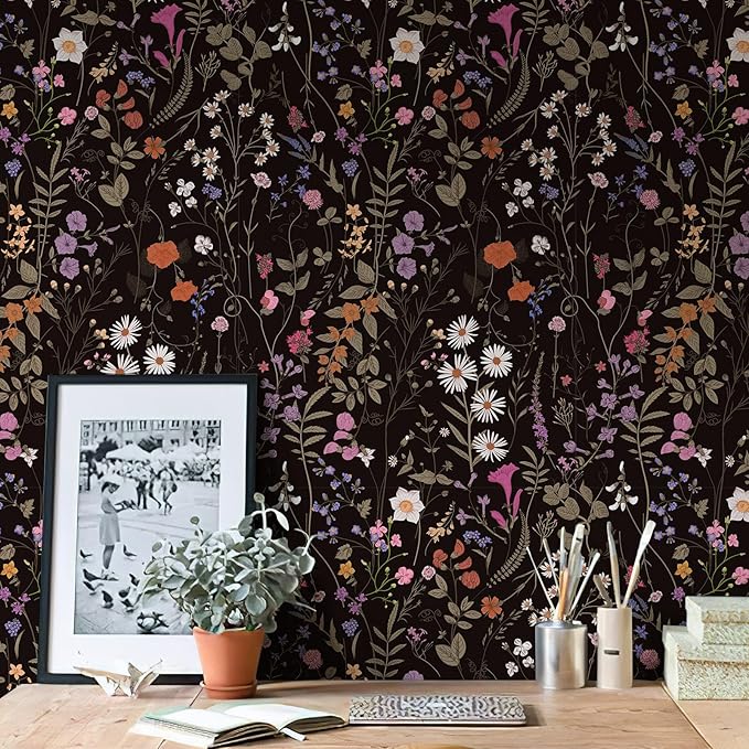 Wallpaper Self-Adhesive Blooming Vintage Colourful Flowers Wall Paper for Bedroom Living Room Cabinet, Peel and Stick Beige Sketch Little Flowers Wallpaper Mural 47.36 sq. feet (393.7"x17.3", Black)