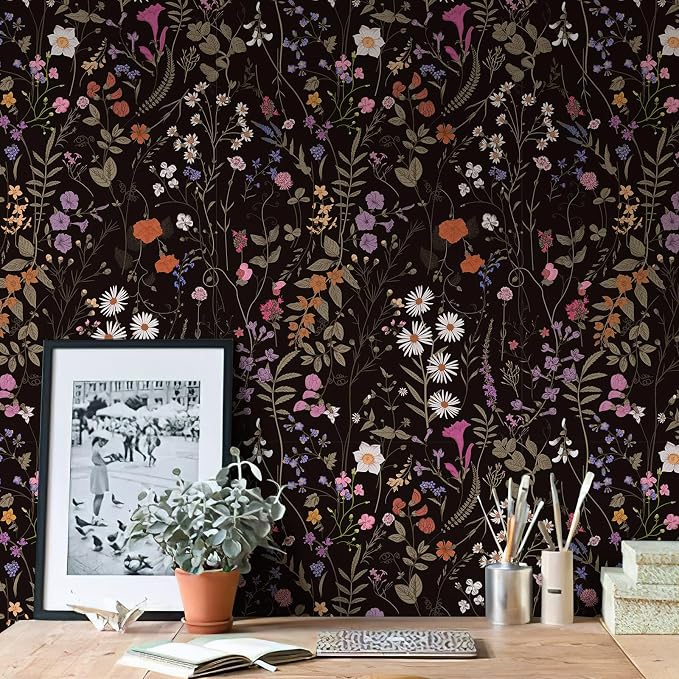 Wallpaper Self-Adhesive Blooming Vintage Colourful Flowers Wall Paper for Bedroom Living Room Cabinet, Peel and Stick Beige Sketch Little Flowers Wallpaper Mural 7.1 sq. feet (17.3''''x59.1'', Black)