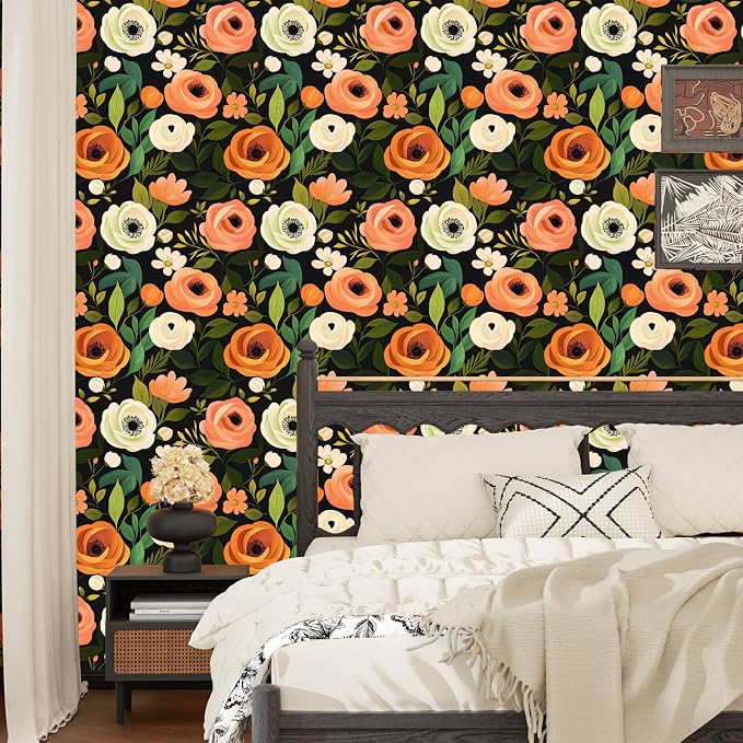 Danodoi Orange Green Vintage Floral Peel and Stick Wallpaper 17.5" x 118" | Waterproof Vinyl Self Adhesive Removable Renter Friendly Floral Contact Paper
