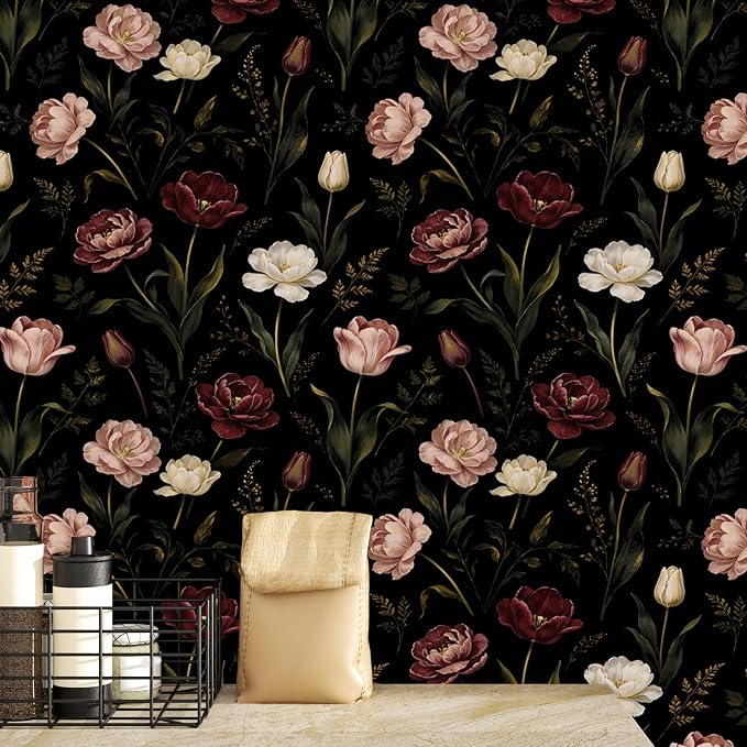 ILHIIOR Dark/Pink Floral Peel and Stick Wallpaper 17.5 x 118 Inches | Leaf Removable Self Adhesive Waterproof Contact Paper, Renter Friendly Decor for Cabinets, Drawers & Bedroom Walls