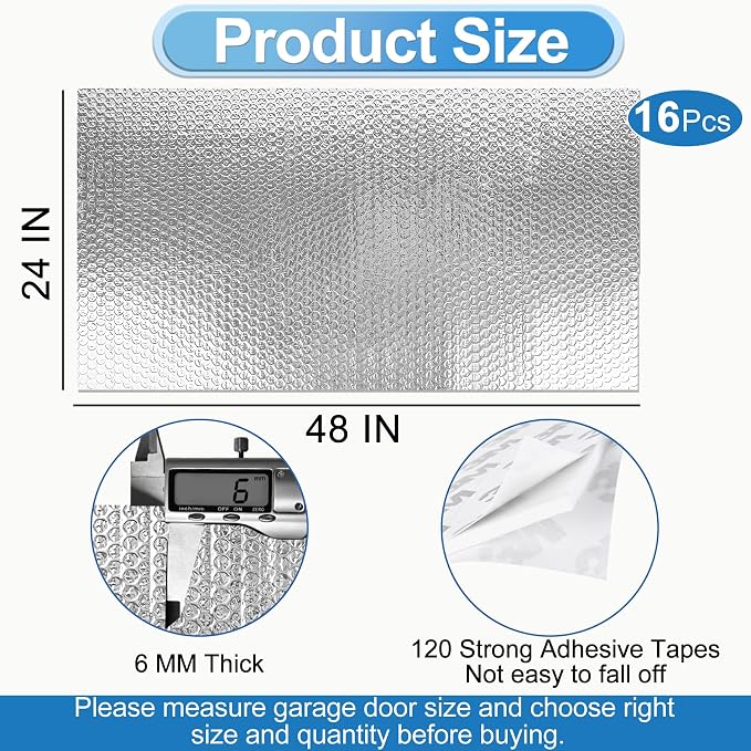 Garage Door Insulation Kit 16P Double Bubble Window Heat Insulation Panels, 6MM 16x8FT Reflective Aluminum Foil Summer/Winter Barrier Sheets with 120 Adhesive Tapes for Garage Attic Wall(24x48)