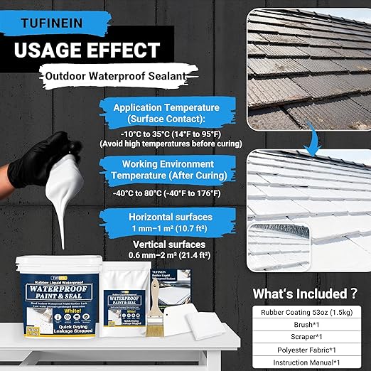 Rubber Liquid Waterproof Sealant, TUFINEIN 53oz/1.5kg White Quick Drying Multi Surface Foundation Leak Repair - Roof Gutters Basement Sealer Waterproof - Indoor & Outdoor Flexible Rubber Paint