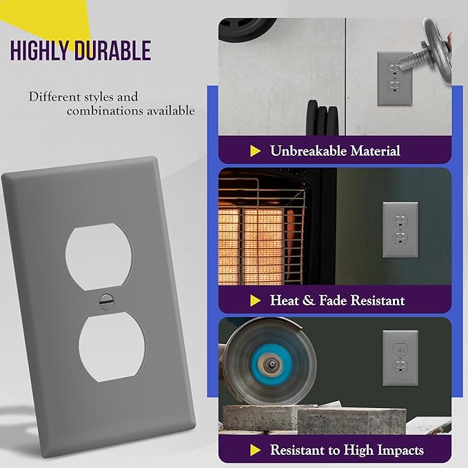 ENERLITES Duplex Receptacle Outlet Wall Plate, Electrical Outlet Cover, Gloss Finish, Mid-Size 1-Gang 4.88" x 3.11", Unbreakable Polycarbonate Thermoplastic, UL Listed, 8821M-GY, Gray