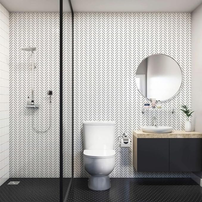 Erfoni Black and White Peel and Stick Wallpaper Herringbone Contact Paper | 17.7in x 393.7in Black Geometric Removable Wallpaper Modern DIY Self Adhesive Wallpaper for Livingroom Bathroom Decor