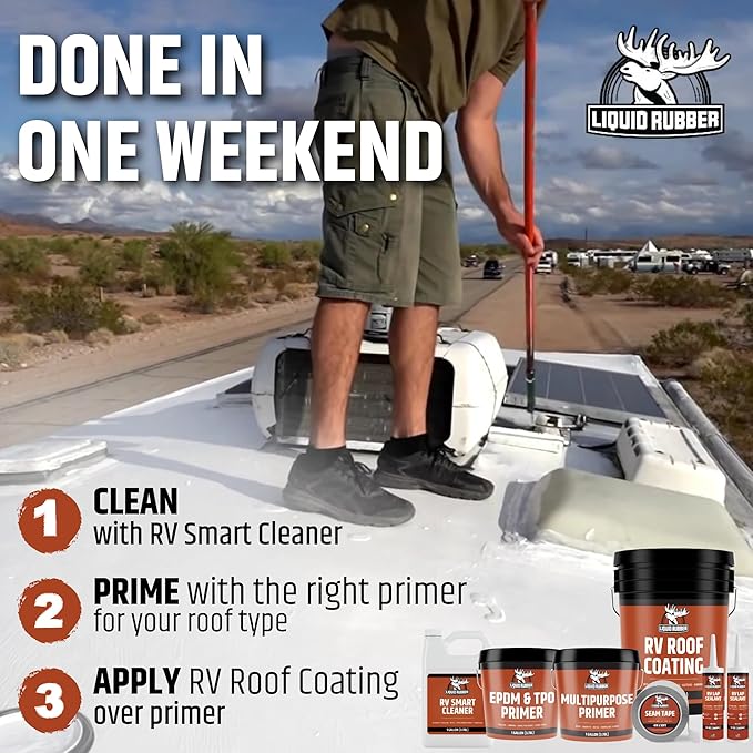 Liquid Rubber RV Roof Coating 35 Ft Leak Repair Kit – Solar Reflective, Waterproof & Weatherproof Protection – Complete System with Sealer, EPDM Primer, Cleaner, Seam Tape & Lap Sealant