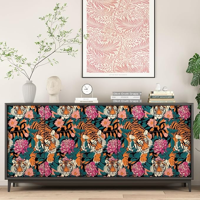 BOKEBEVE Tiger Floral Wallpaper Peel and Stick Vintage Orange 17.5 x 787In | Super Long Removable Renter Friendly Jungle Tiger Wall Paper for Bedroom Bathroom Living Room Feature Accent Wall