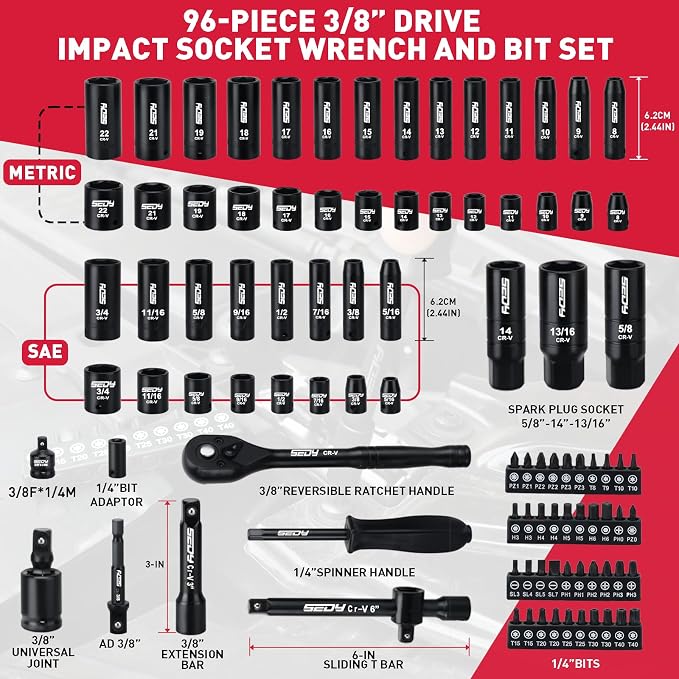 96-Piece 3/8" Drive Impact Socket Wrench and Bit Set, SAE 5/16”-3/4” & Metric 8-22mm, Cr-V Standard & Deep Sockets, Power Bits, Ratchet Handle, Universal Joint, Bit Holder, Adapters, Spark Plug Socket