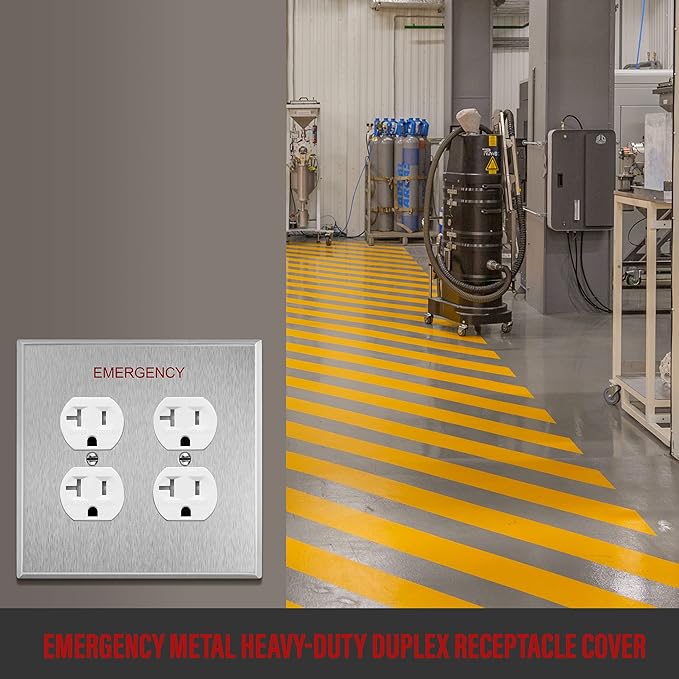ENERLITES Double Duplex Receptacle Metal Wall Plate with Emergency Label, Stainless Steel Outlet Cover, Corrosion Resistant, 430 Stainless Steel, Mid-Size 2-Gang 4.88" x 4.92", UL Listed, 7722M-E
