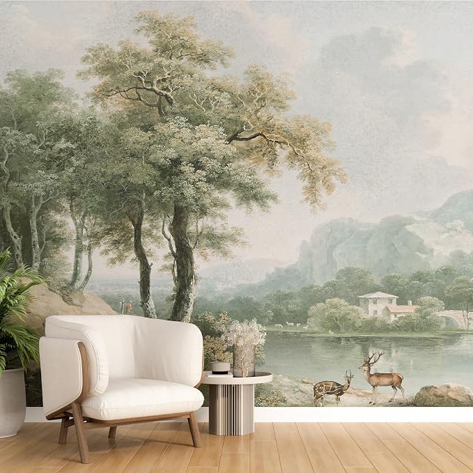 Vintage Forest Wall Murals Peel and Stick 148"x98" Canvas Waterproof | Self-Adhesive Removable Wallpaper for Bedroom Living Room Green Countryside Landscape Wall Art Decor