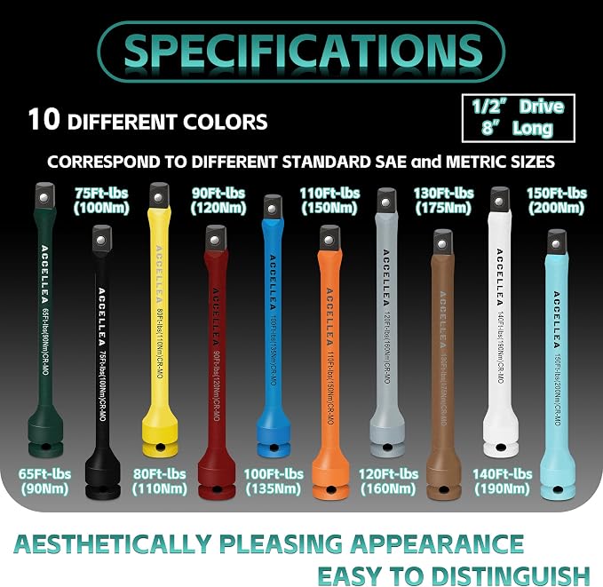 10Pcs Torque Limiting Extension Set 1/2" Drive 65-150 Ft-Lbs Torque Sticks | 8" Long Industrial Grade CR-MO Steel, Color-Coded Impact Socket Extension Bar Set, SAE Standard for Lug Nuts, Tire Repair