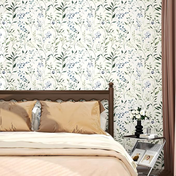 ILHIIOR Blue Leaf Wallpaper Boho Peel and Stick Wallpaper Green Leaf Vintage Contact Paper White Floral Wall Paper Removable Wallpapers Self Adhesive for Cabinet Drawers Wall Decor 17.5''x787''