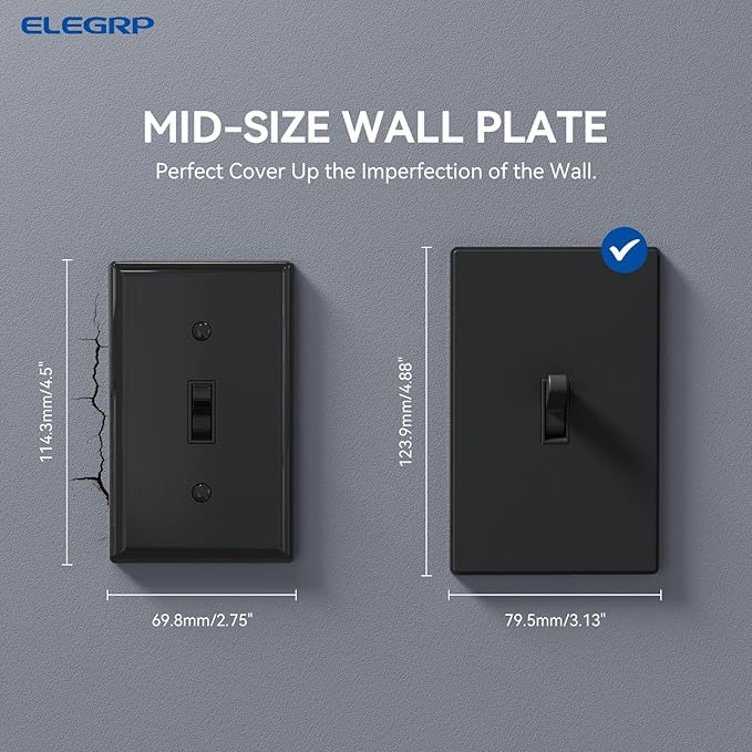 ELEGRP 1-Gang Screwless Toggle Switch Wall Plates, Mid-Size Unbreakable Thermoplastic Faceplate Cover for Wall Switch & Toggle Dimmer Switch, UL Listed (1 Pack, Matte Black)