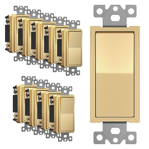ENERLITES 4-Way Decorator Light Switch, Four Way Paddle Rocker Switch, Gloss Finish, Ground Wire Lead Attached, Residential/Commercial Grade, 15A 120V/277V, UL Listed, 94150-GD10P, Gold (10 Pack)