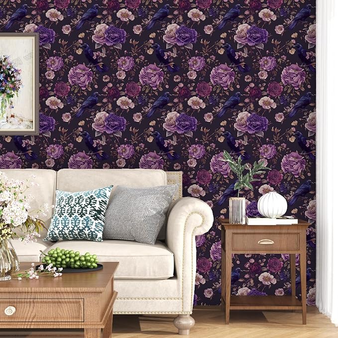 Gothic Dark Purple Crow Floral Wallpaper Peel and Stick 17.5"x118" | Self Adhesive/Removable/Waterproof/Thick Vinyl Vintage Contact Paper for Bathroom Bedroom Shelf Cabinet Drawer,Prepasted