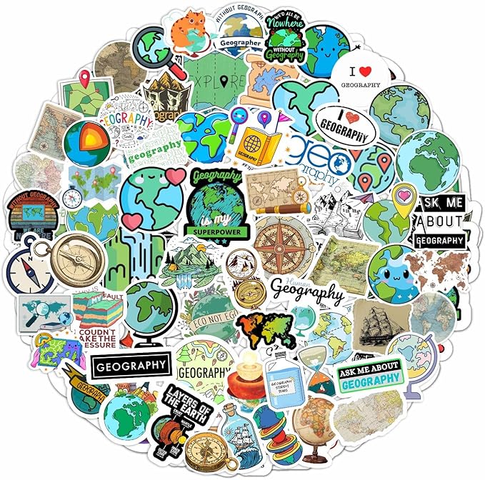 BulbaCraft 100Pcs Geography Stickers for Water Bottle and Laptop - Geography Party Supplies & Decorations, Waterproof Vinyl Decals, Maps and Landmarks Stickers, Gifts for Women & Men