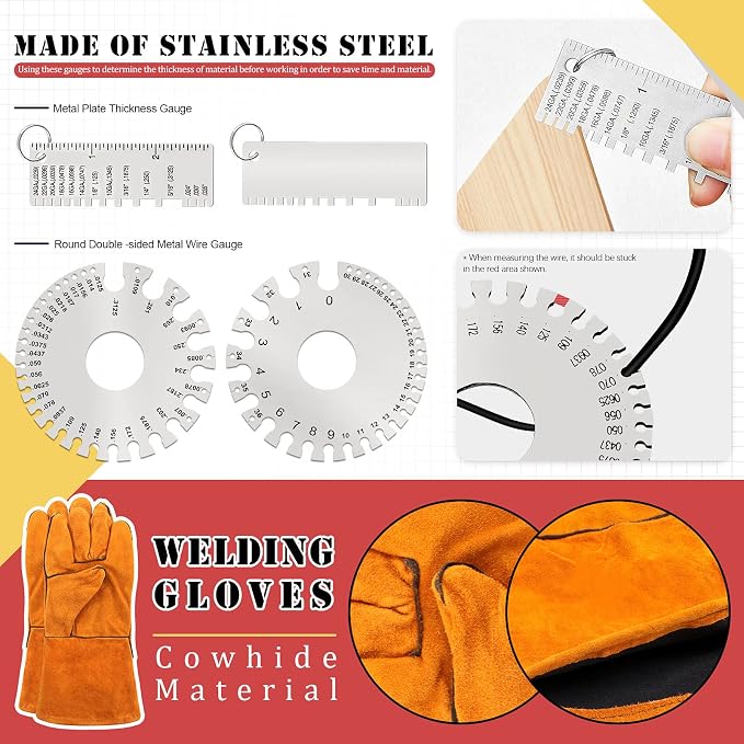 Hilitchi 6Pcs Welding Slag Removal Tool Set, 8inch Welding Pliers, Welding Chipping Hammer, Wire Brush Wire Scratch Brush and 2 Stainless Steel Metal Sheet Thickness Gauges
