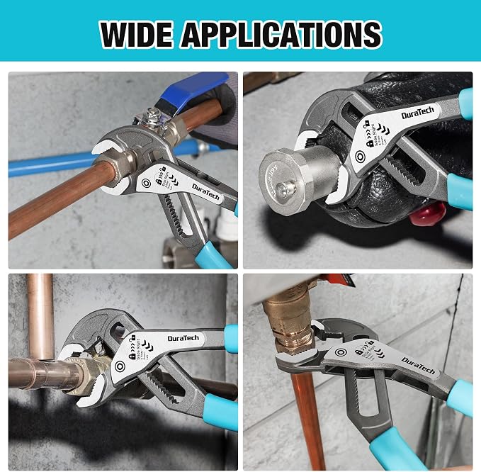 DURATECH 8-Inch Water Pump Pliers, Quick-Adjust Groove Joint Pliers | Tongue and Groove Pliers, Slide-to-Unlock Mechanism, V-Jaw Design, Cr-V Steel, For Plumbing, Automotive and Household Repairs