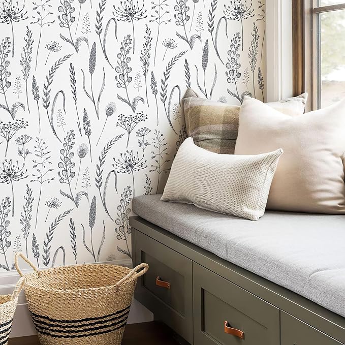 JiffDiff Peel and Stick Wallpaper Farmhouse Vintage Floral Contact Paper Wheat Meadow Removable Self Adhesive Wallpaper Black and White (14.2 sq.ft)